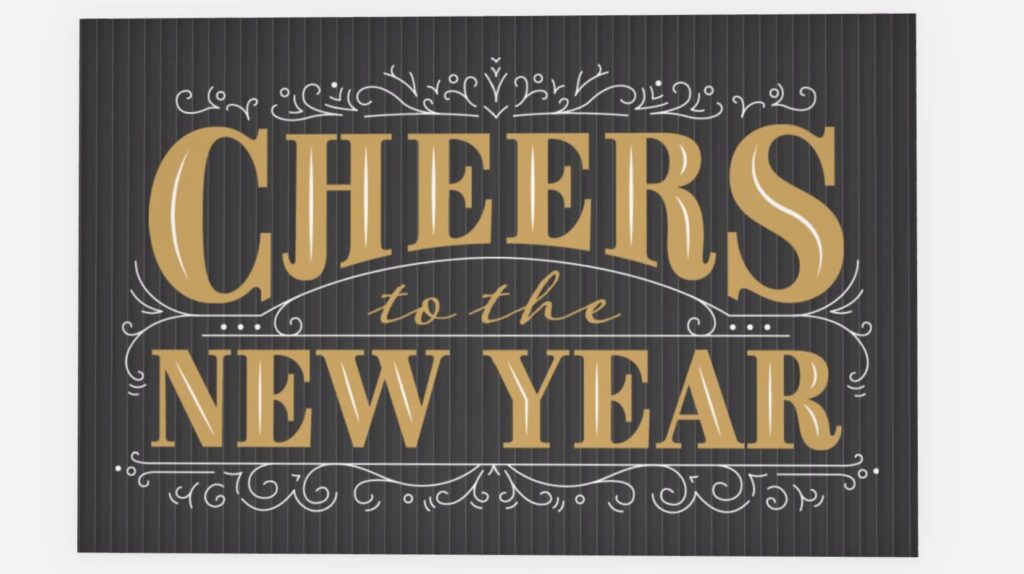 A dark New Year card with bold gold lettering.