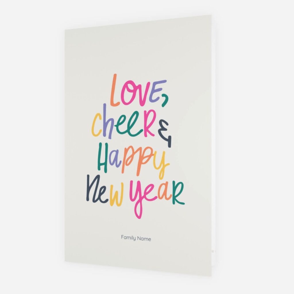 New Year card with colorful handwritten style text.