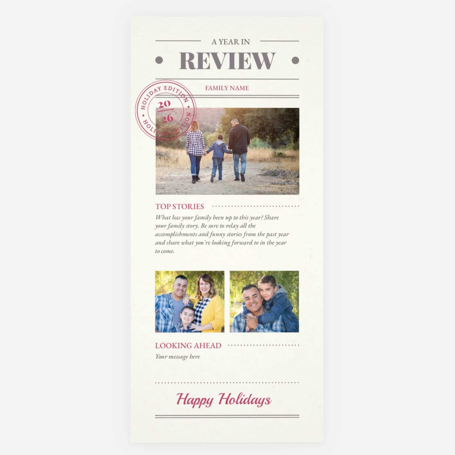 A year in review style New Year card with family updates.