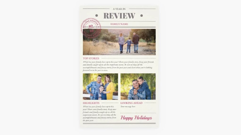 Newspaper-style DIY Christmas card with important family moments.