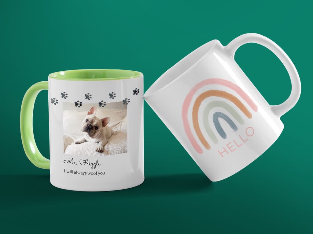 Two custom mugs as White Elephant gift ideas.