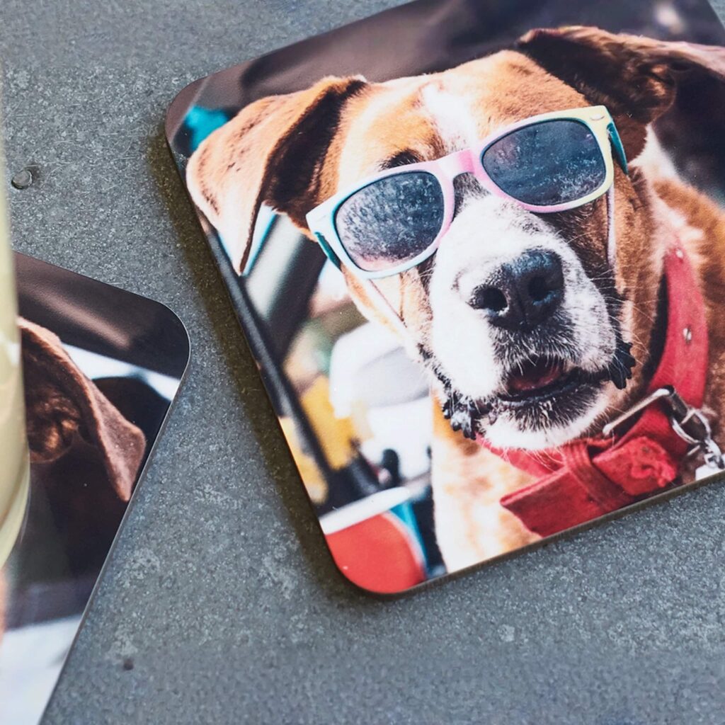 Photo coaster of a dog wearing sunglasses.