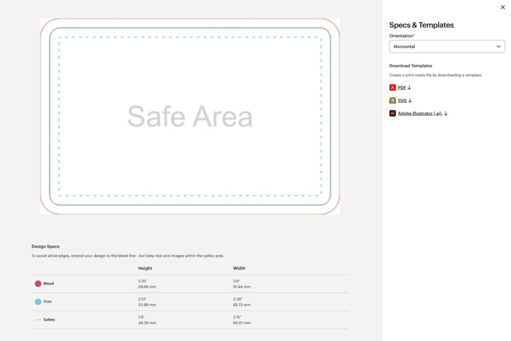 VistaPrint plastic business card template showing bleed, trim and safe area dimensions with downloadable print-ready file options.