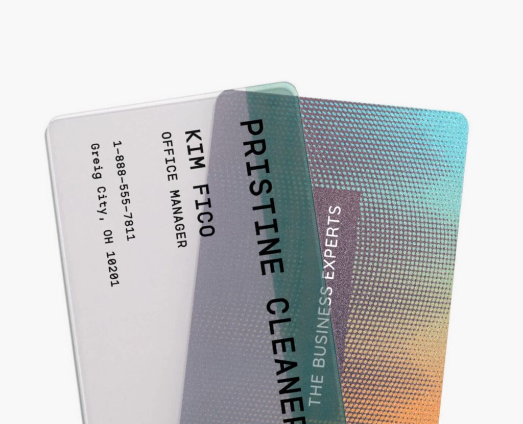 Three overlapping clear and frosted plastic business cards with colorful printed designs and contact details.