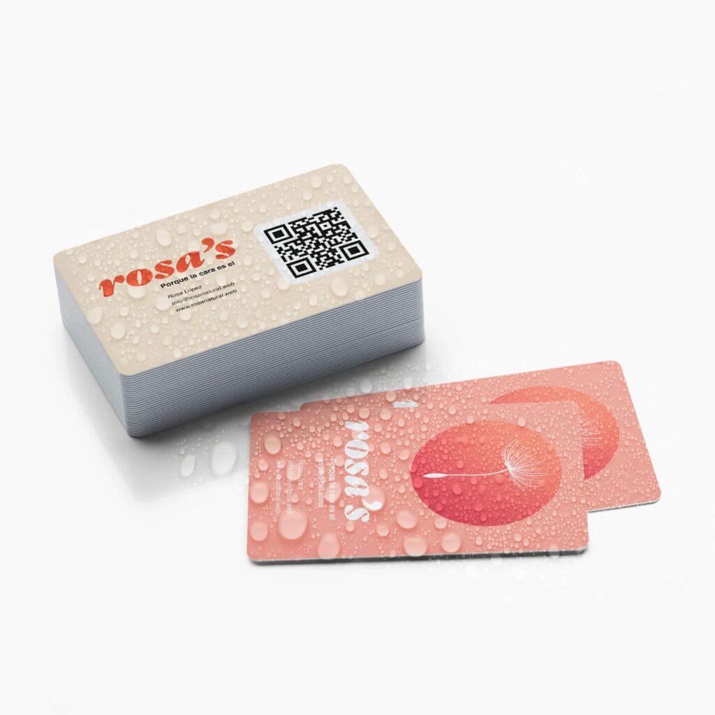 Waterproof vinyl business cards with water droplets, coral and beige designs and a QR code.