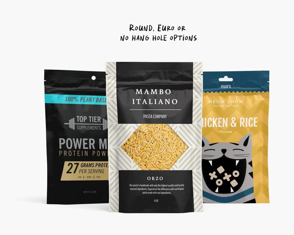 Three custom food pouches featuring round, Euro and no hanging hole options, with protein powder, orzo pasta and cat food packaging.