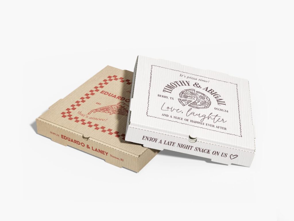 Alt text: Custom kraft and white corrugated pizza boxes with personalized wedding designs, featuring printed names, dates, pizza illustrations and decorative typography.