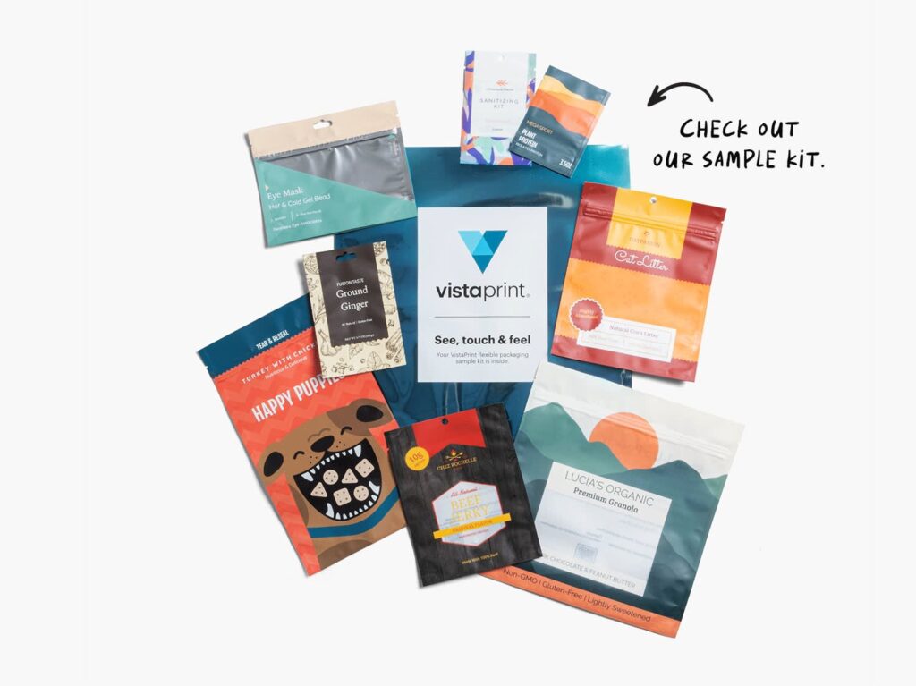 VistaPrint flexible packaging sample kit featuring custom pouches for snacks, pet treats, spices and cosmetics.