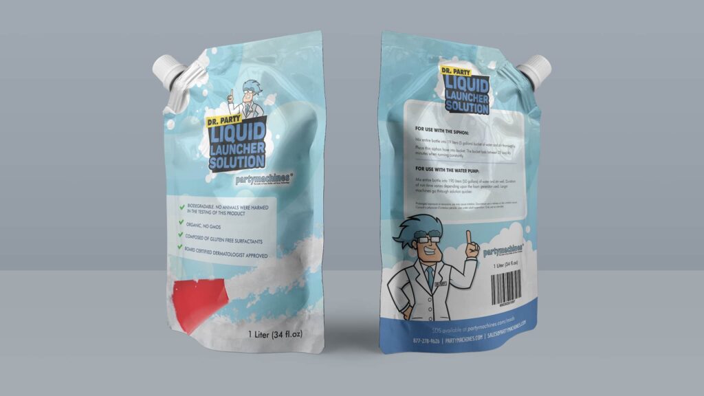 Front and back views of a blue Dr. Party Liquid Launcher Solution spouted pouch, featuring a screw cap, custom branding and product instructions.
