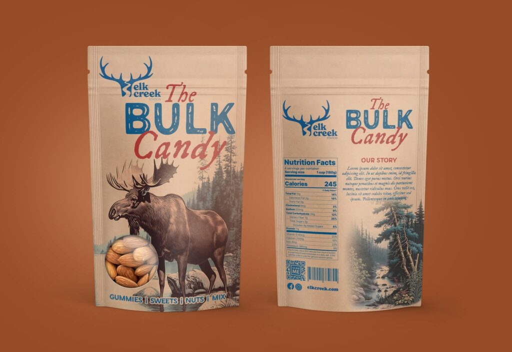 Front and back of Elk Creek Bulk Candy stand-up pouch with moose artwork, a clear product window and nutrition information.