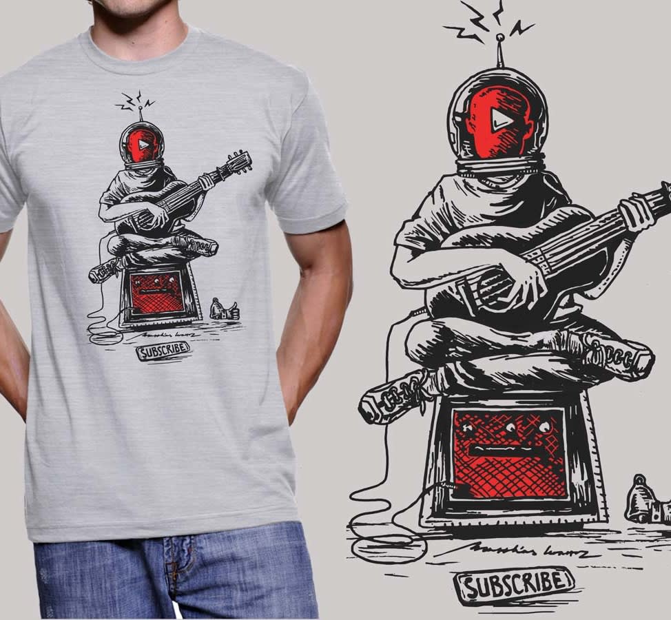 Man wearing a grey T-shirt with a music design