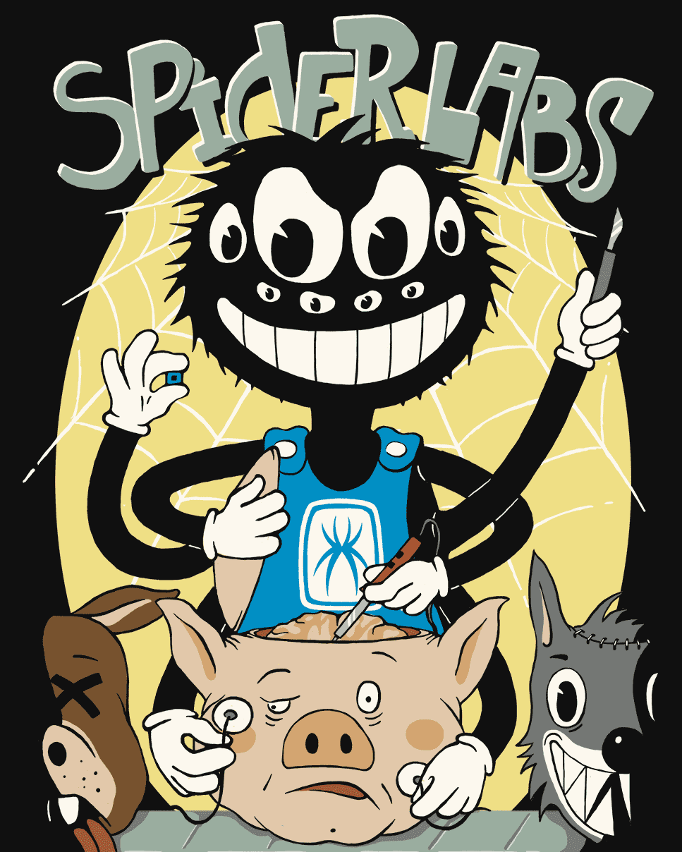 T-shirt illustration of vintage cartoon style spiders