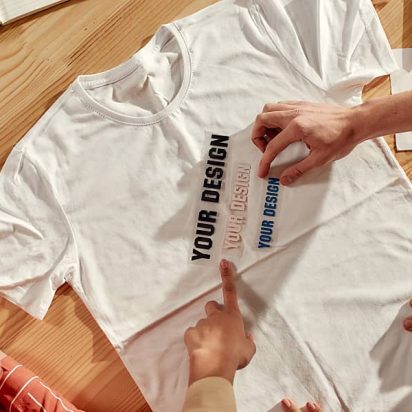 Top view of creative people trying on stickers with text, while discussing logo and design of T-shirt. Young man and women working together at custom T-shirt, clothing printing company. Cropped shot