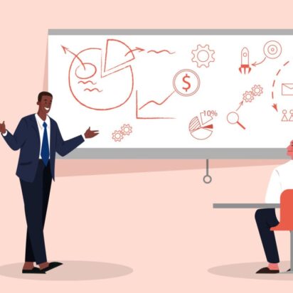 Illustration of a person explaining principles of marketing on a whiteboard with icons representing graphs, statistics, and ideas.
