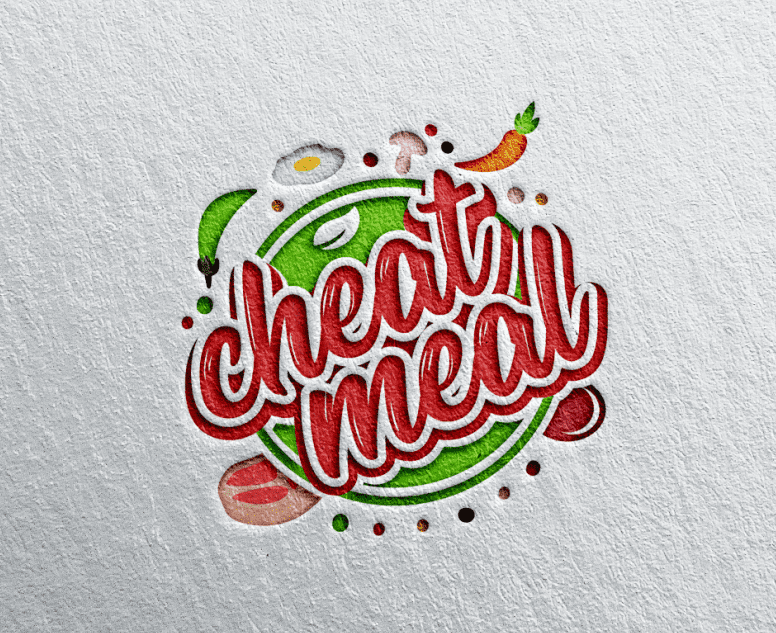 circular logo with various foods surrounding the words &ldquo;cheat meal&rdquo;