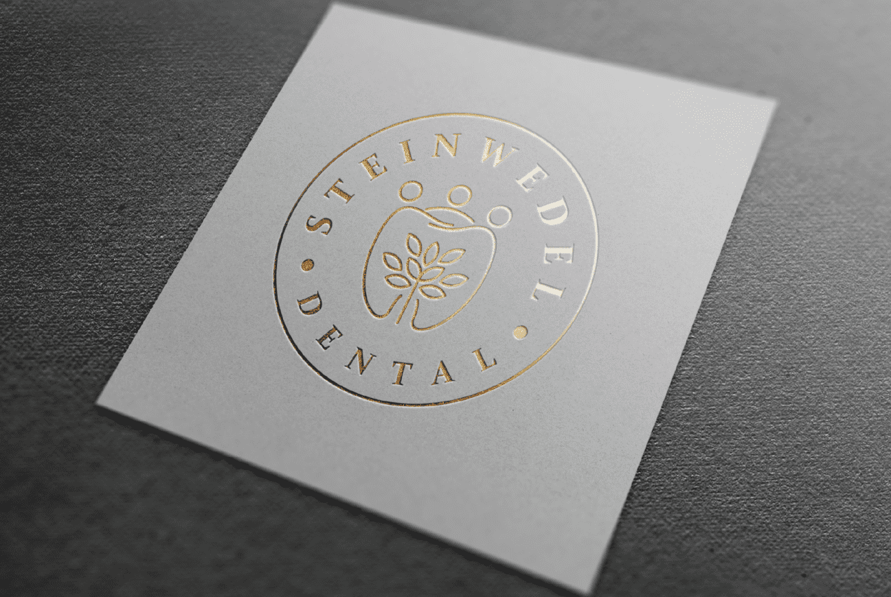Square business card with a gold logo