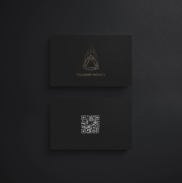 Black business card with a white QR code