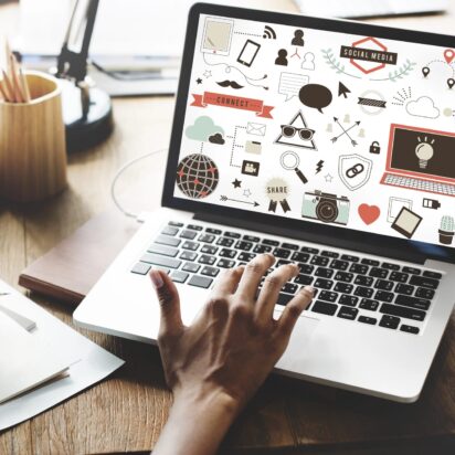 Marketing funnel planning on a laptop.