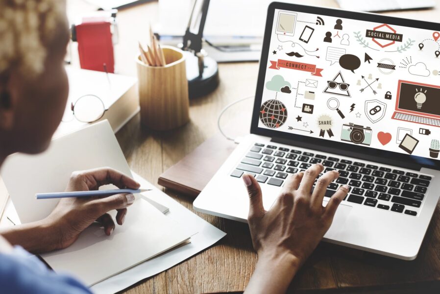 Marketing funnel planning on a laptop.