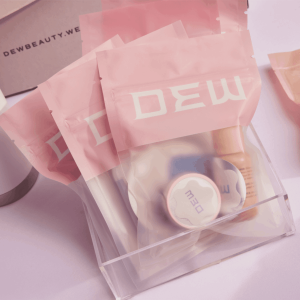 Semi-transparent plastic packaging for assorted skincare products.