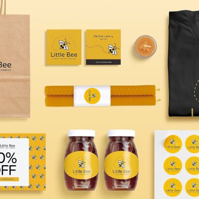 Branded product materials for Little Bee, including paper bag, brochures, jars, candles, t-shirt, stickers, and business cards – a visual example of how to market a product.