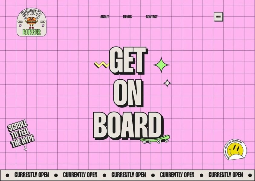 Cute-alism web design trend 2026 pink website for a burger restaurant
