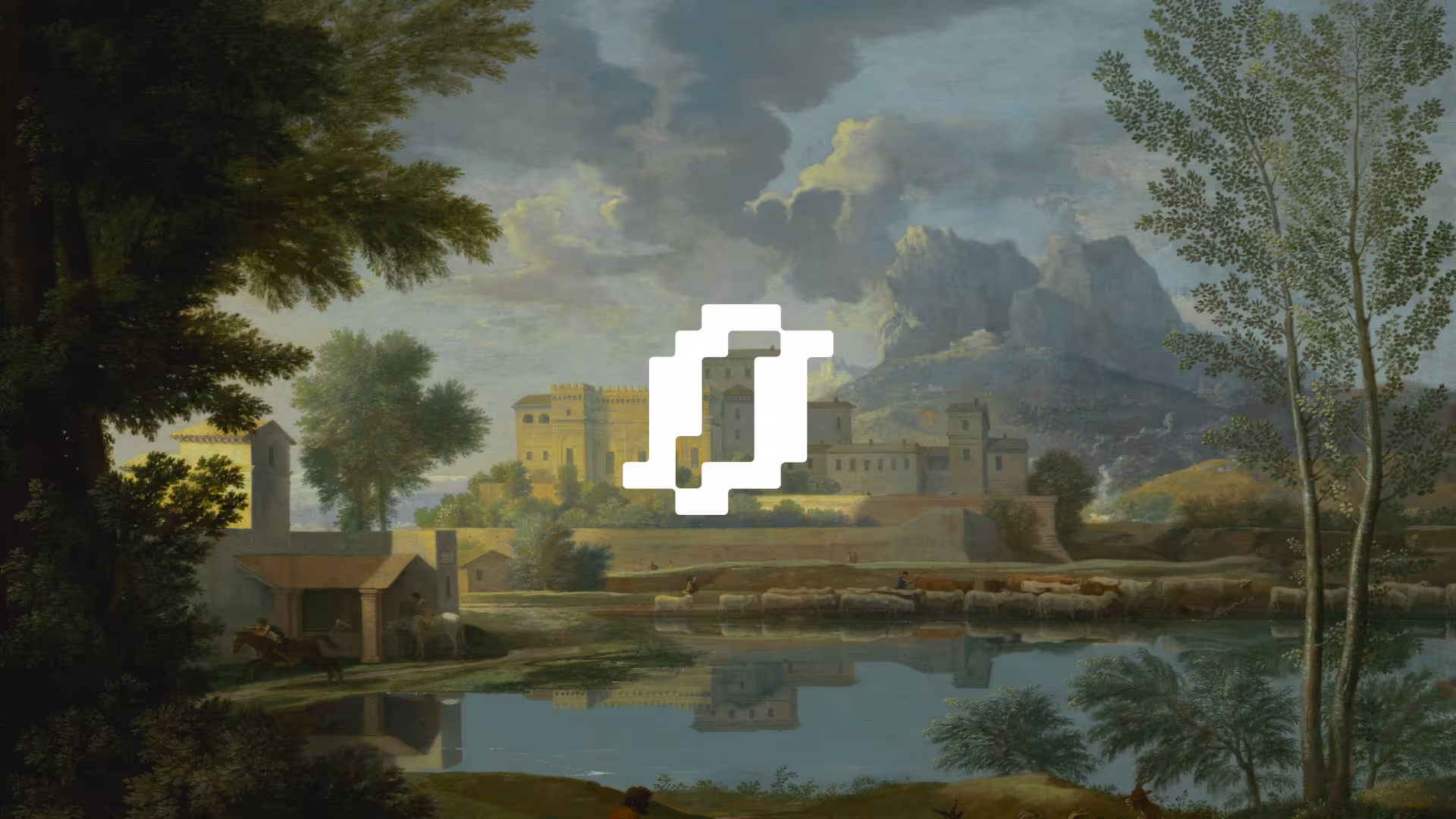 Pixelated logo over soft landscape painting