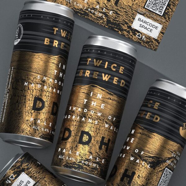Craft beer cans with black and metallic gold labels featuring intricate etched textures, bold typography and a premium finish&mdash;an example of the Heritage Etch packaging trend 2026