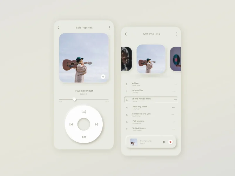 A music player user interface, demonstrating some of the design features of Light Skeumorophism