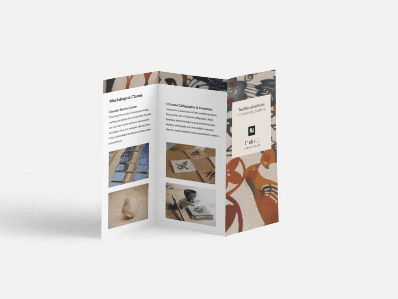 A standing Z-fold brochure with an overview of workshops and classes