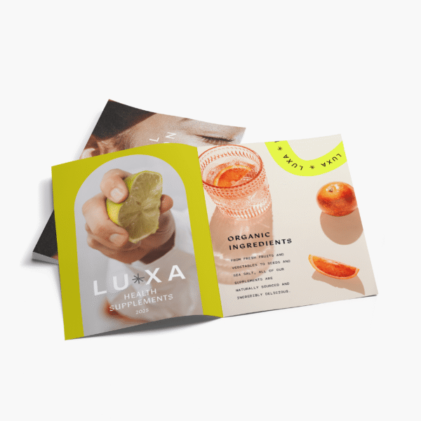 A bi-fold brochure type laying open flat