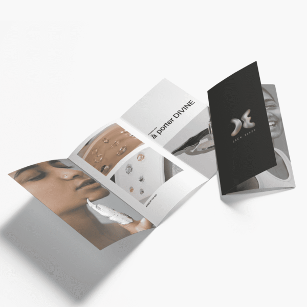 An open and a closed tri-fold brochure