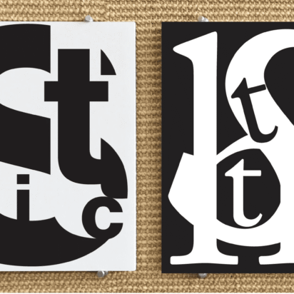 Font poster illustration showing two contrasting typographic compositions in black and white