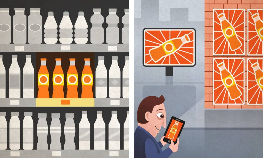 Illustration in gray and orange tones depicting a man viewing an orange bottle on his phone, matching ads on posters and a computer screen—visualizing what is marketing and branding.