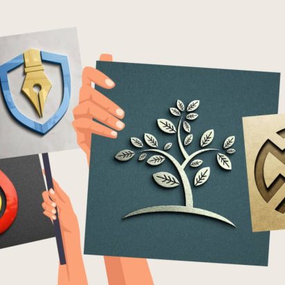 Four hands holding up logo designs