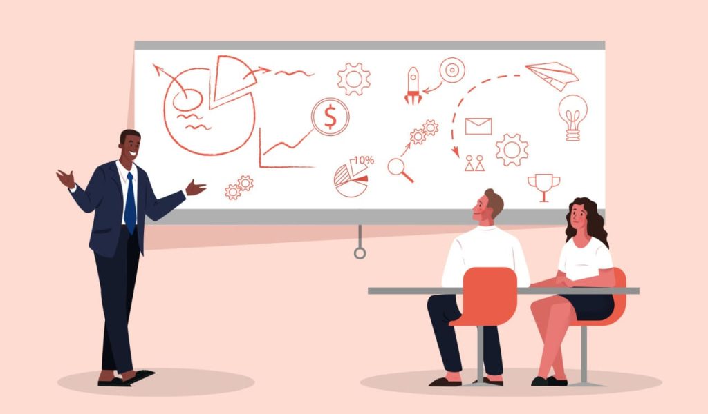 Illustration of a person explaining principles of marketing on a whiteboard with icons representing graphs, statistics, and ideas.