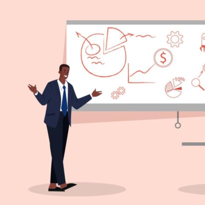 Illustration of a person explaining principles of marketing on a whiteboard with icons representing graphs, statistics, and ideas.