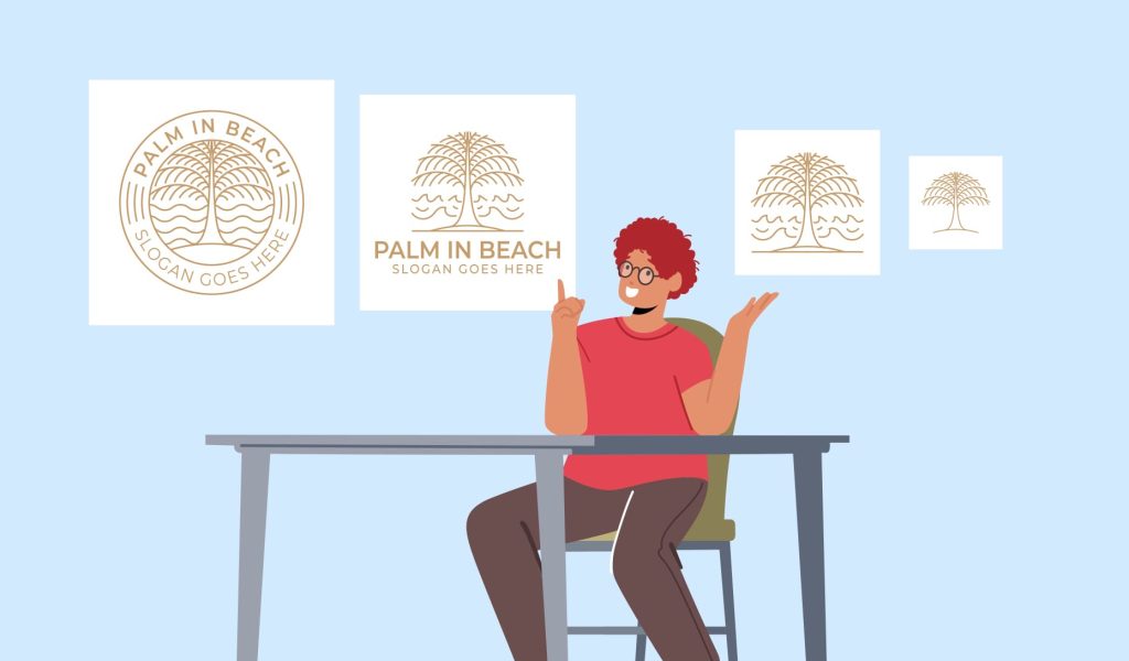 person sitting at a desk with four logo variations