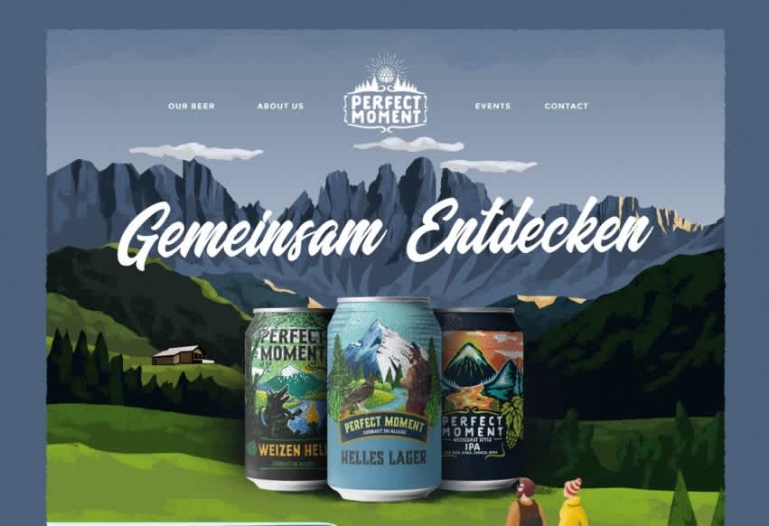 website showing mountains, a lake, and people with text