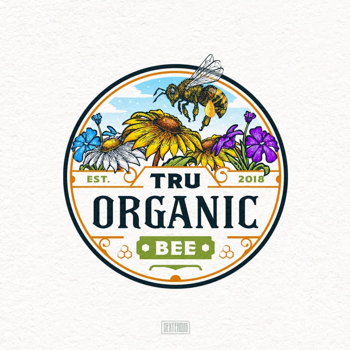 round, colorful logo featuring a bee and flowers