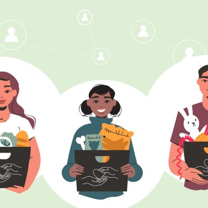 three people standing with boxes filled with good things