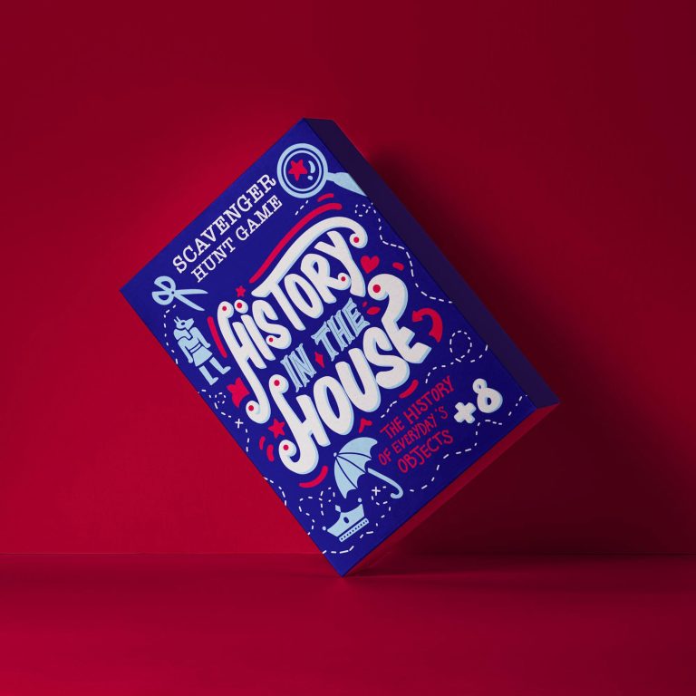 Blue board game box with white text