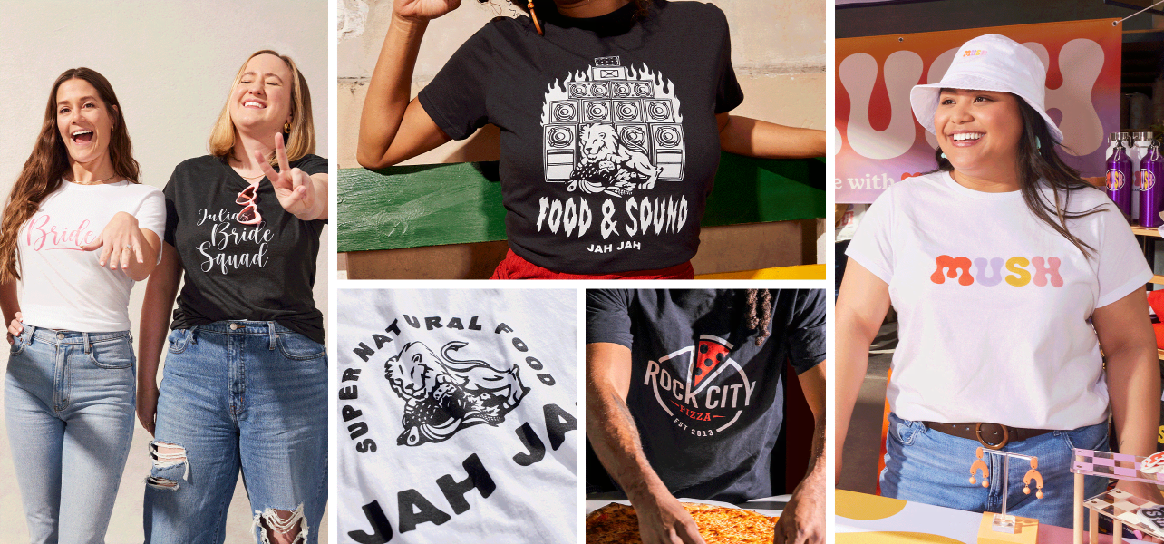 Collage of multiple images featuring different font types on T-shirts