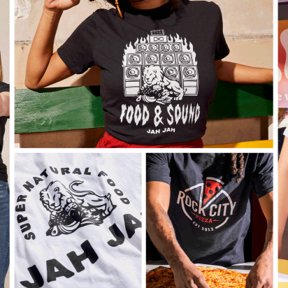 Collage of multiple images featuring different font types on T-shirts