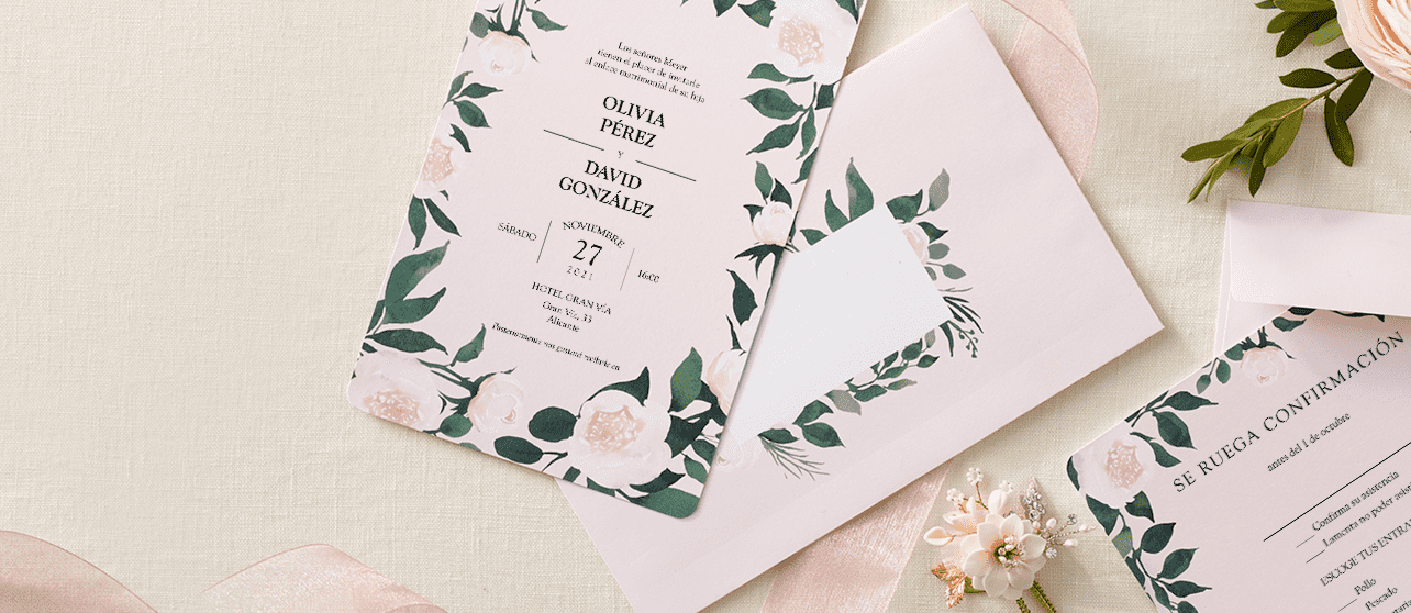 floral and green wedding invitation set