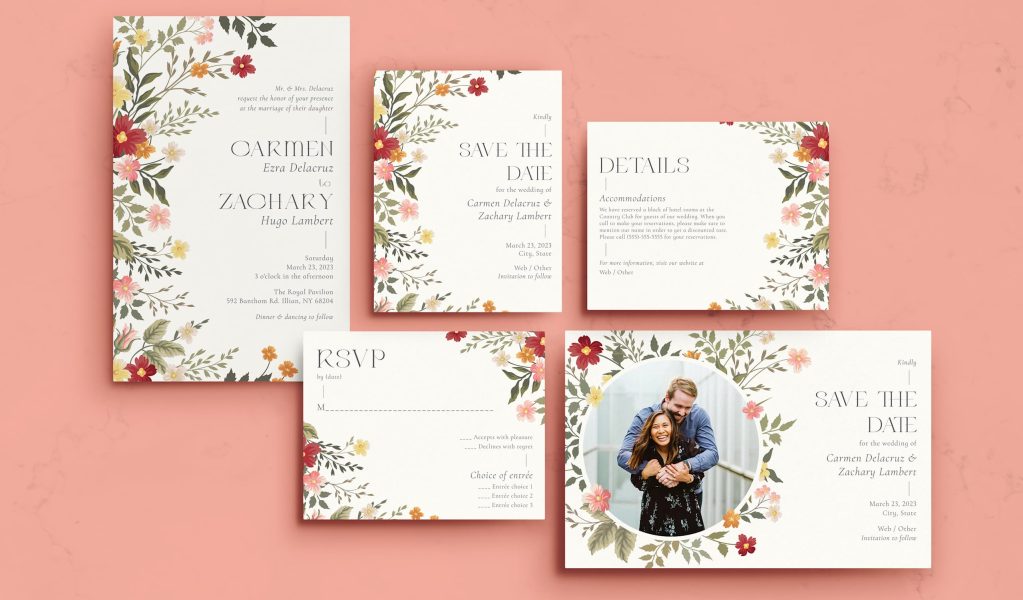 Floral wedding invitation suite featuring save-the-date, RSVP, details card, and a photo card on a blush background.