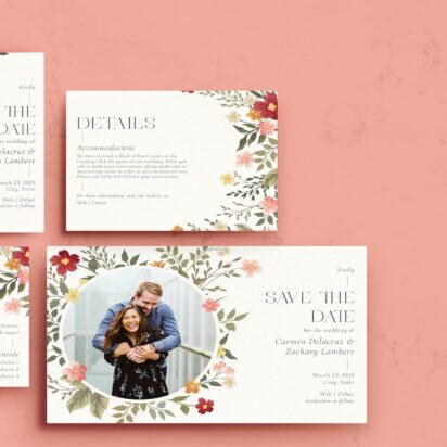 Floral wedding invitation suite featuring save-the-date, RSVP, details card, and a photo card on a blush background.
