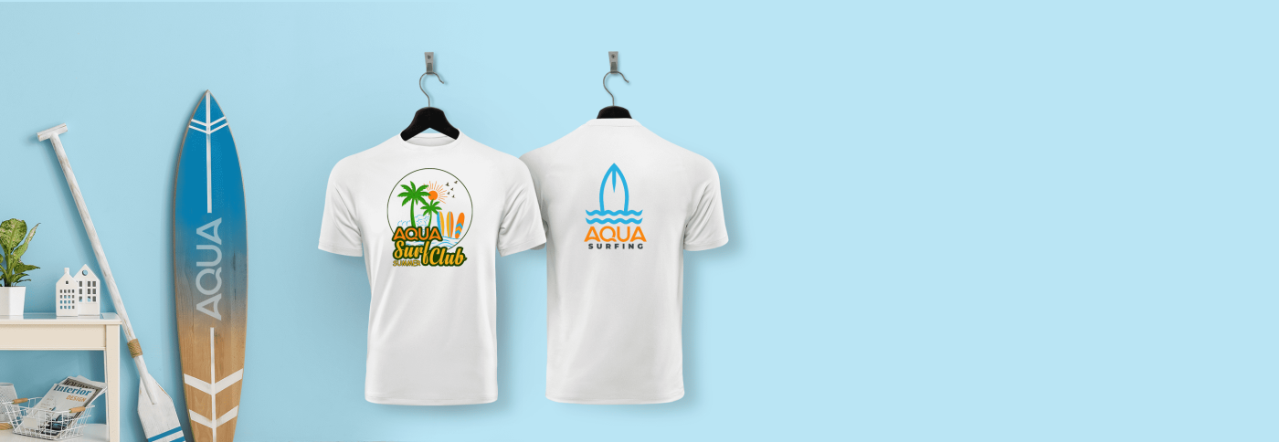 surfer t shirt design on light blue backdrop