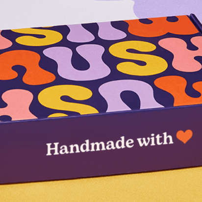 close up of colorful branded box