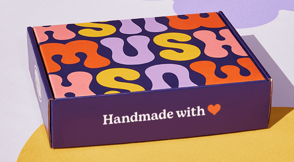 close up of colorful branded box